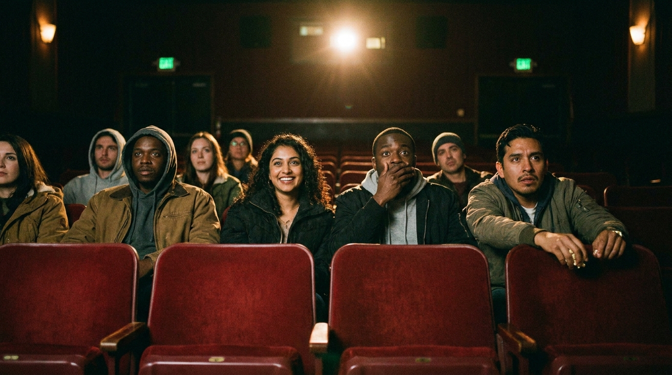 Moviegoers reacting mid-film in red velvet seats