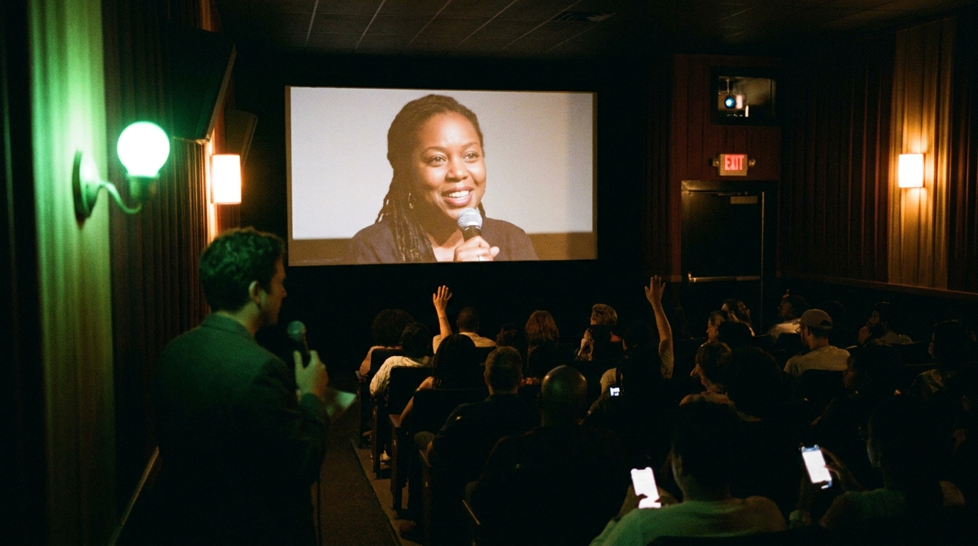 A director live on the big screen for a post-film Q&A