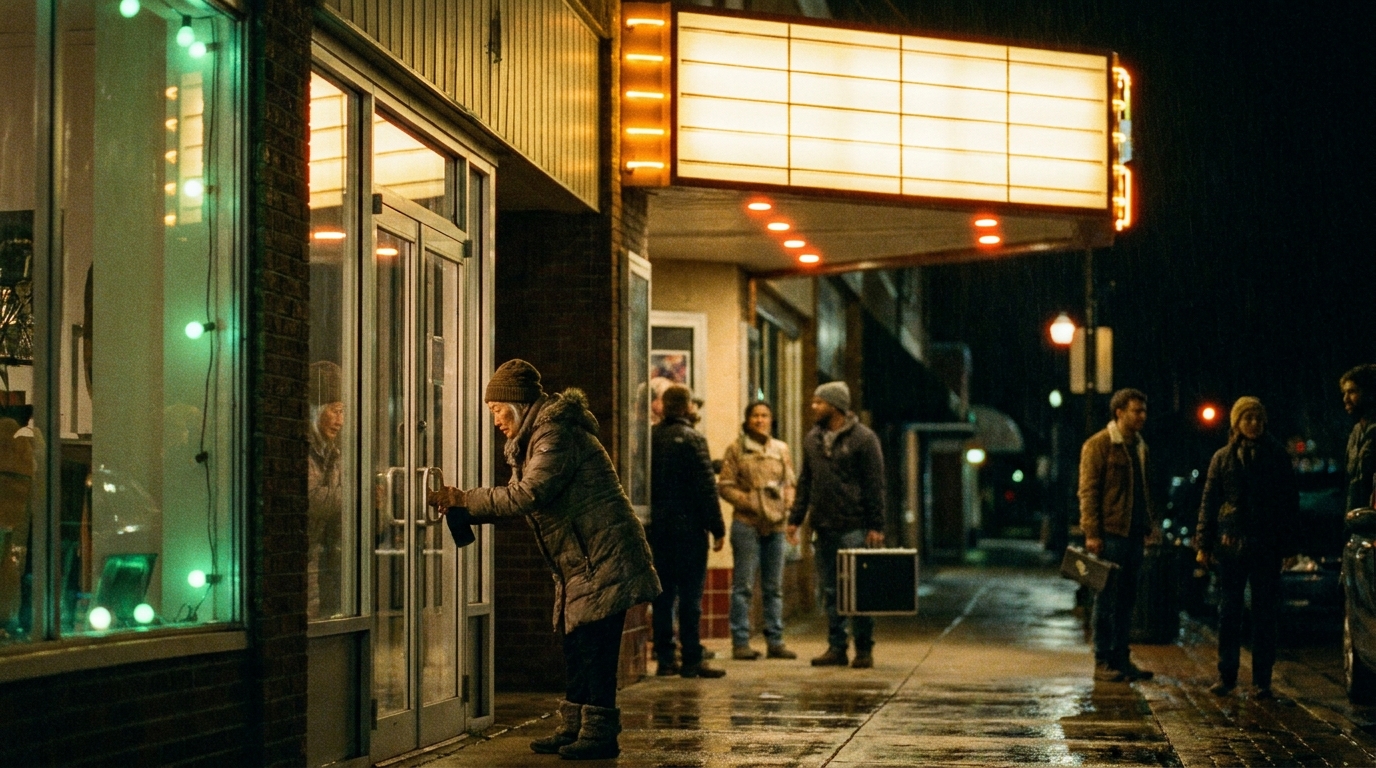 A single-screen theater marquee glowing on a quiet weeknight